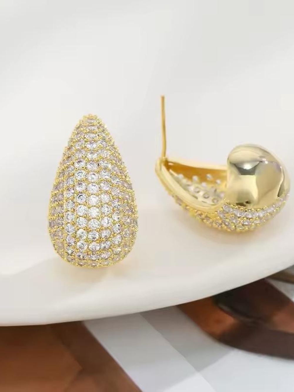 Gold Pave Teardrop Crystal Earrings - Picture 2 of 5